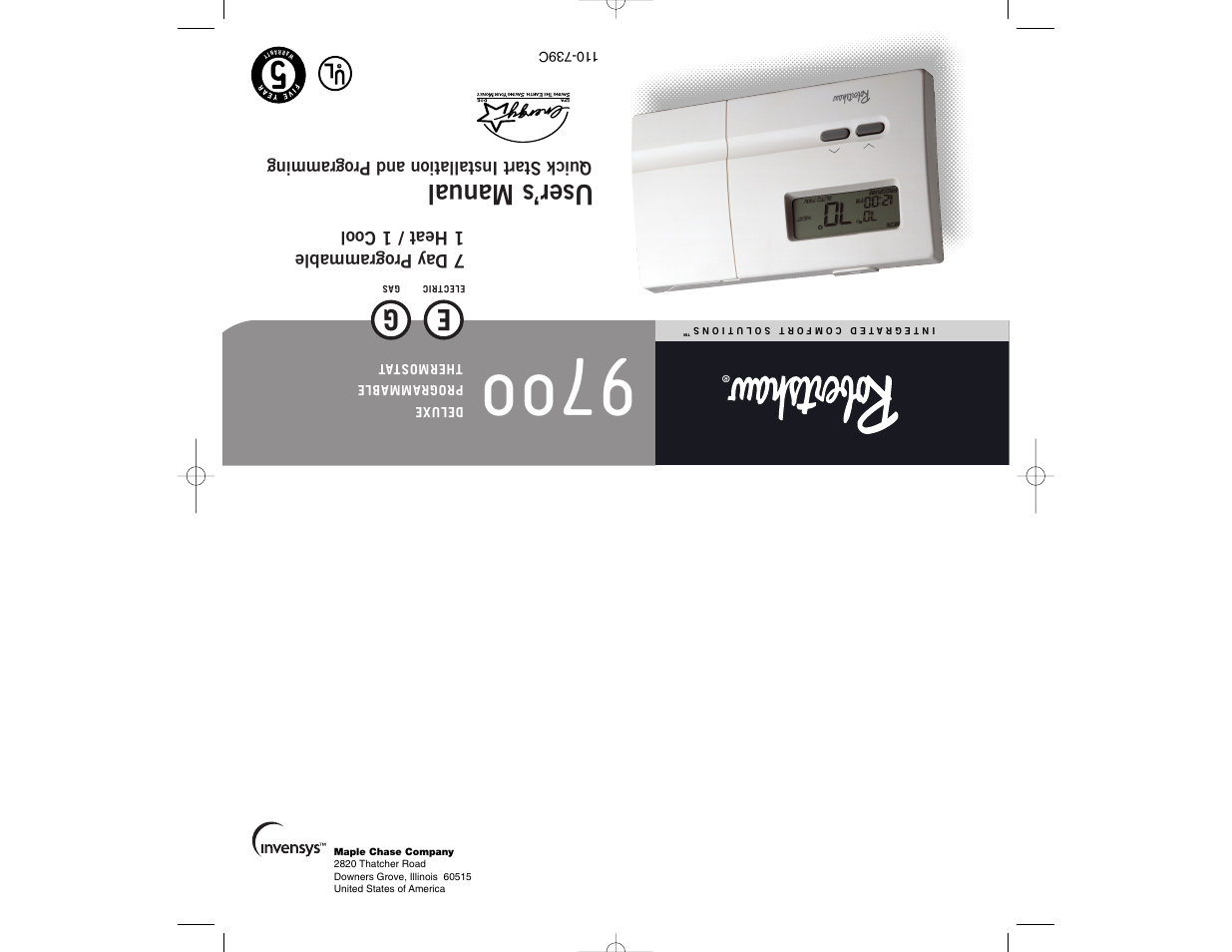 User’s manual, Quick start installation and programming, 7 day programmable 1 heat / 1 cool | Robertshaw 9700 User Manual | Page 36 / 36