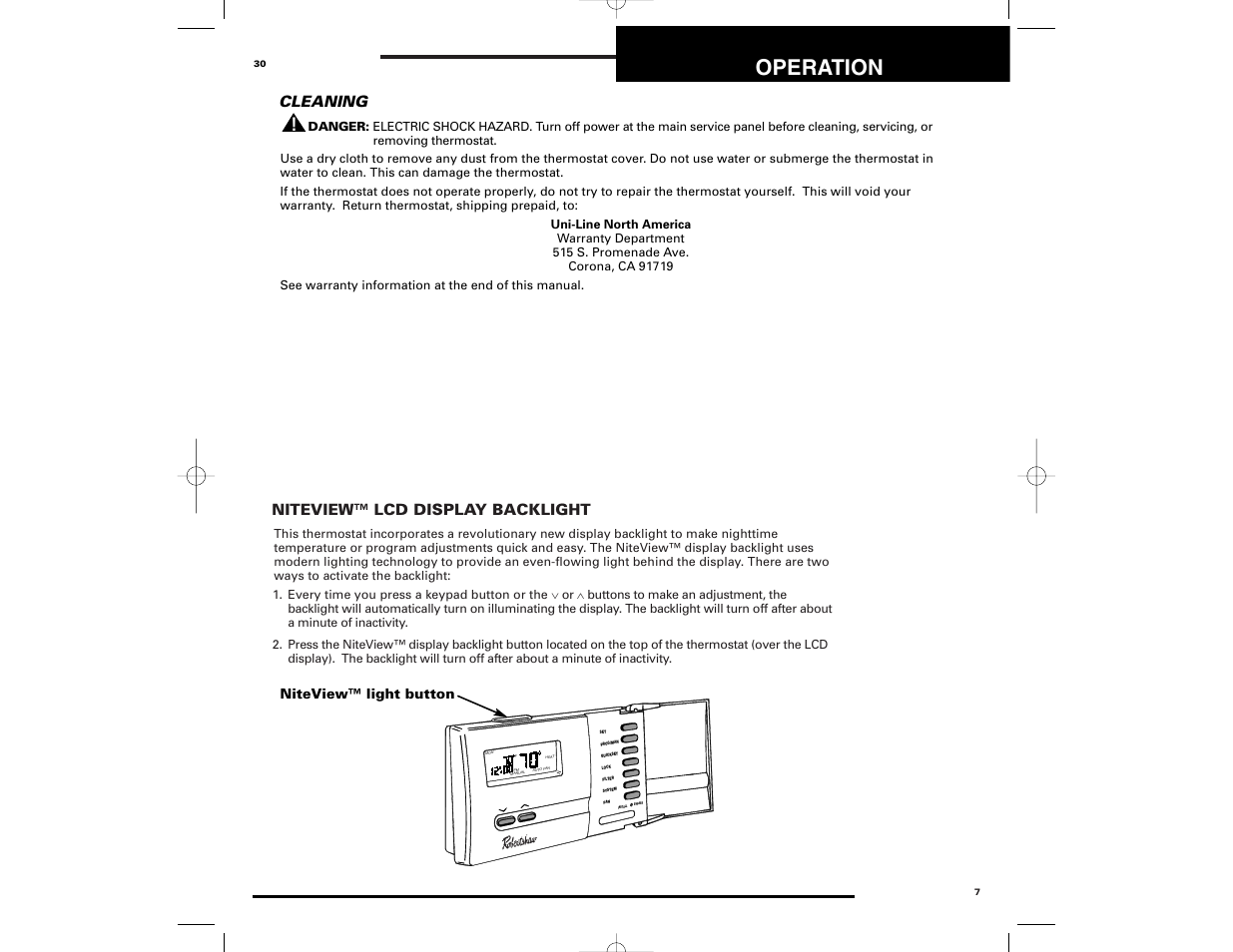 Operation, Niteview™ lcd display backlight, Cleaning | Niteview™ light button | Robertshaw 9700 User Manual | Page 7 / 36