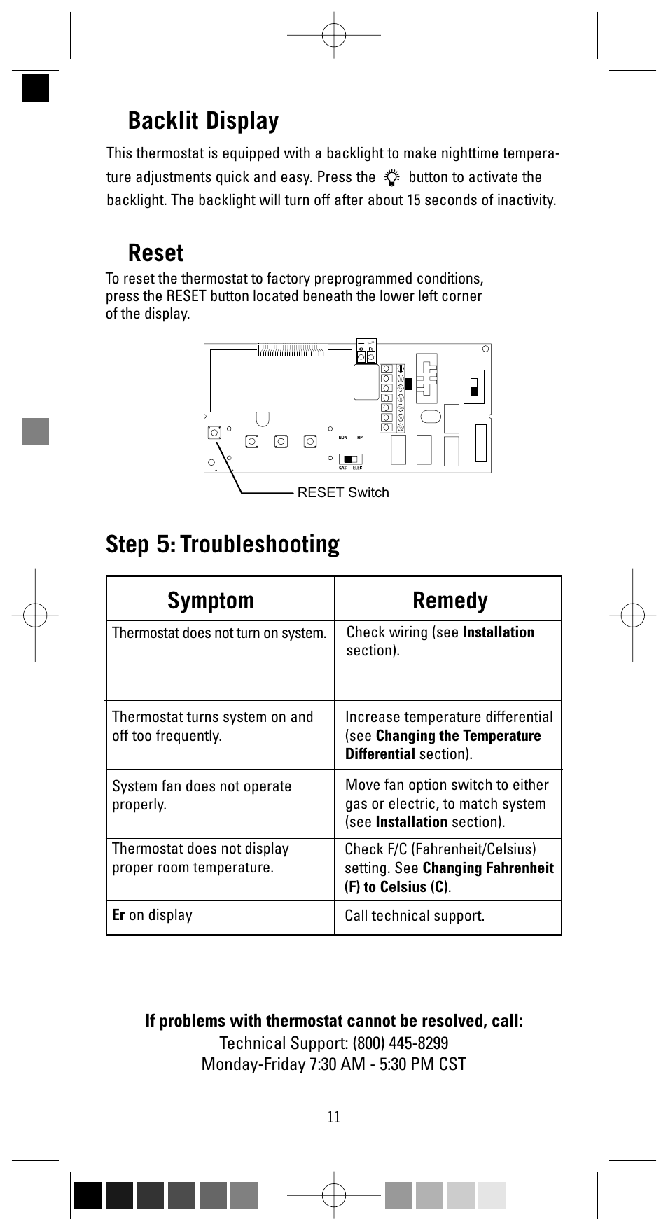 Backlit display, Reset, Step 5: troubleshooting | Symptom remedy | Robertshaw 9555 User Manual | Page 11 / 12