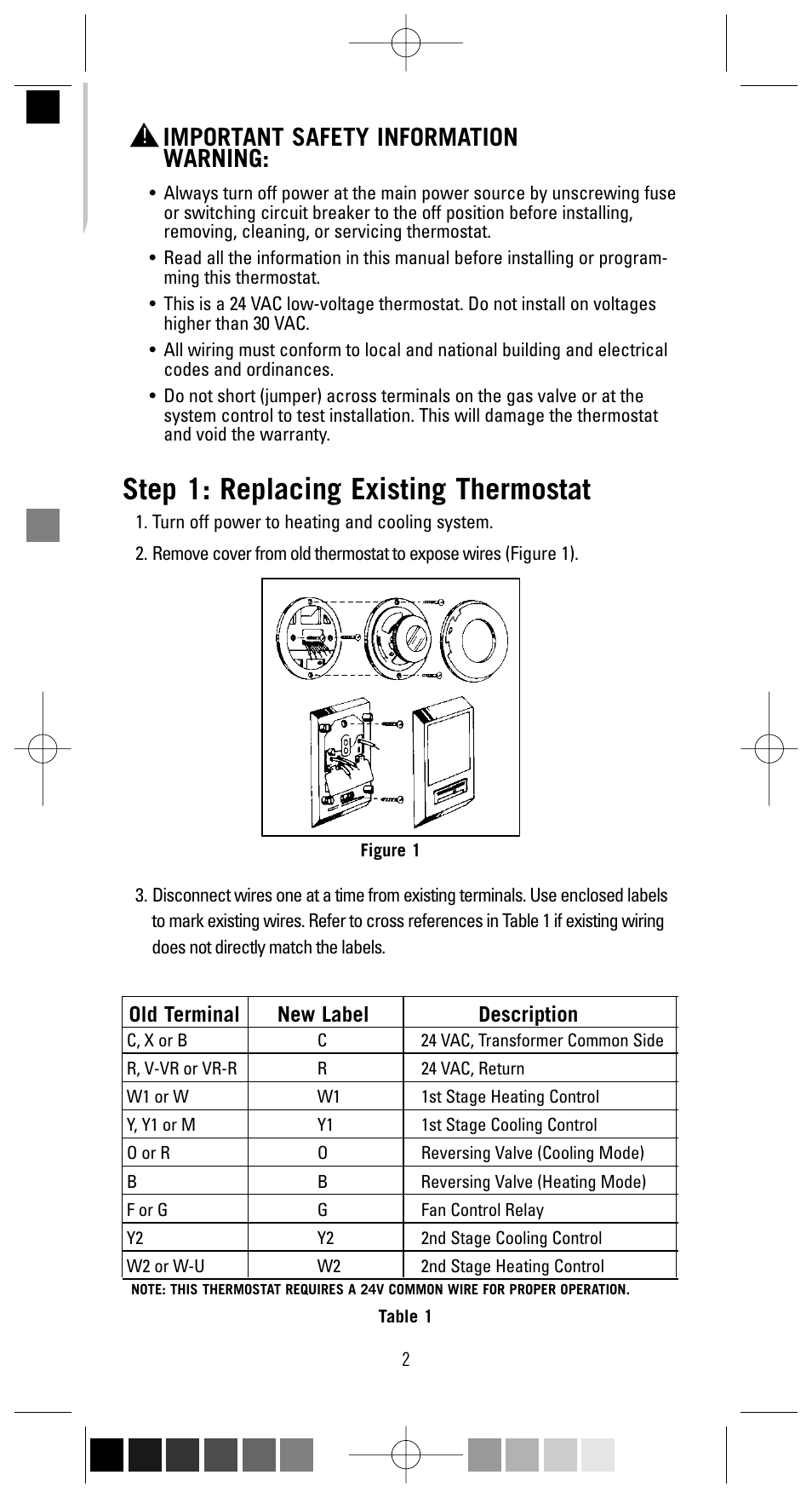 Step 1: replacing existing thermostat, Important safety information warning, Old terminal new label description | Robertshaw 9555 User Manual | Page 2 / 12
