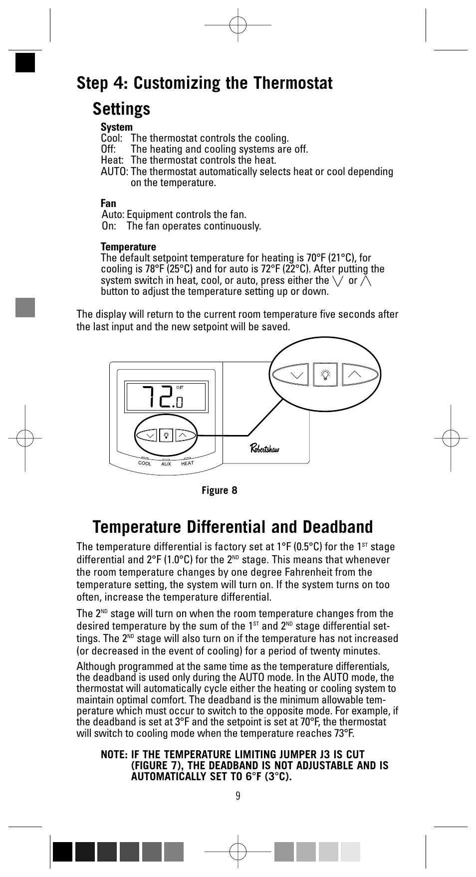 Step 4: customizing the thermostat, Settings, Temperature differential and deadband | Robertshaw 9555 User Manual | Page 9 / 12