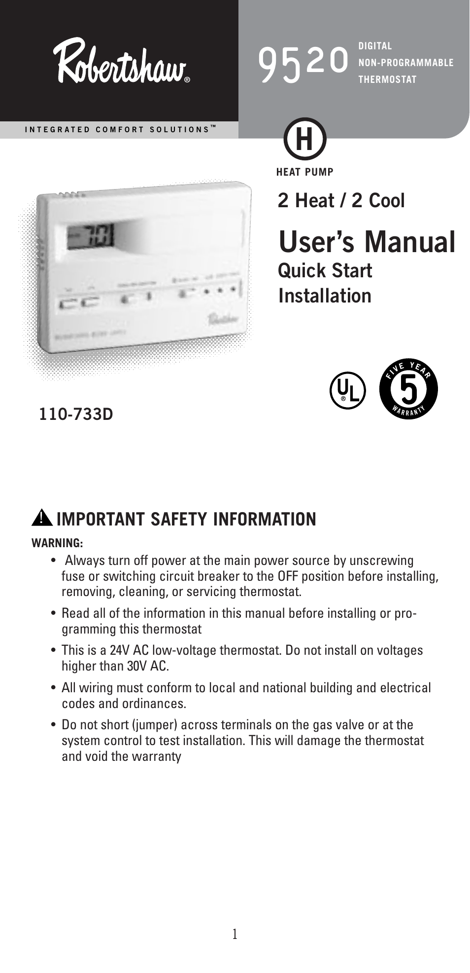 Robertshaw 9520 User Manual | 12 pages