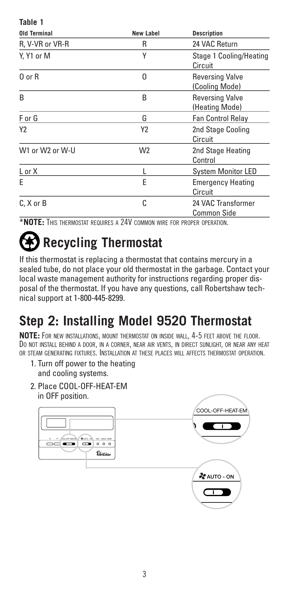Recycling thermostat | Robertshaw 9520 User Manual | Page 3 / 12