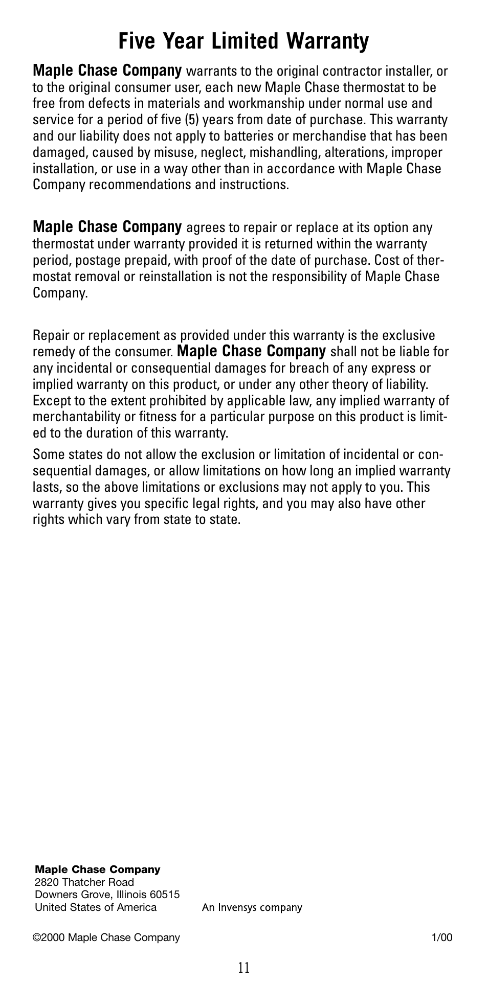 Five year limited warranty | Robertshaw 9515 User Manual | Page 11 / 11