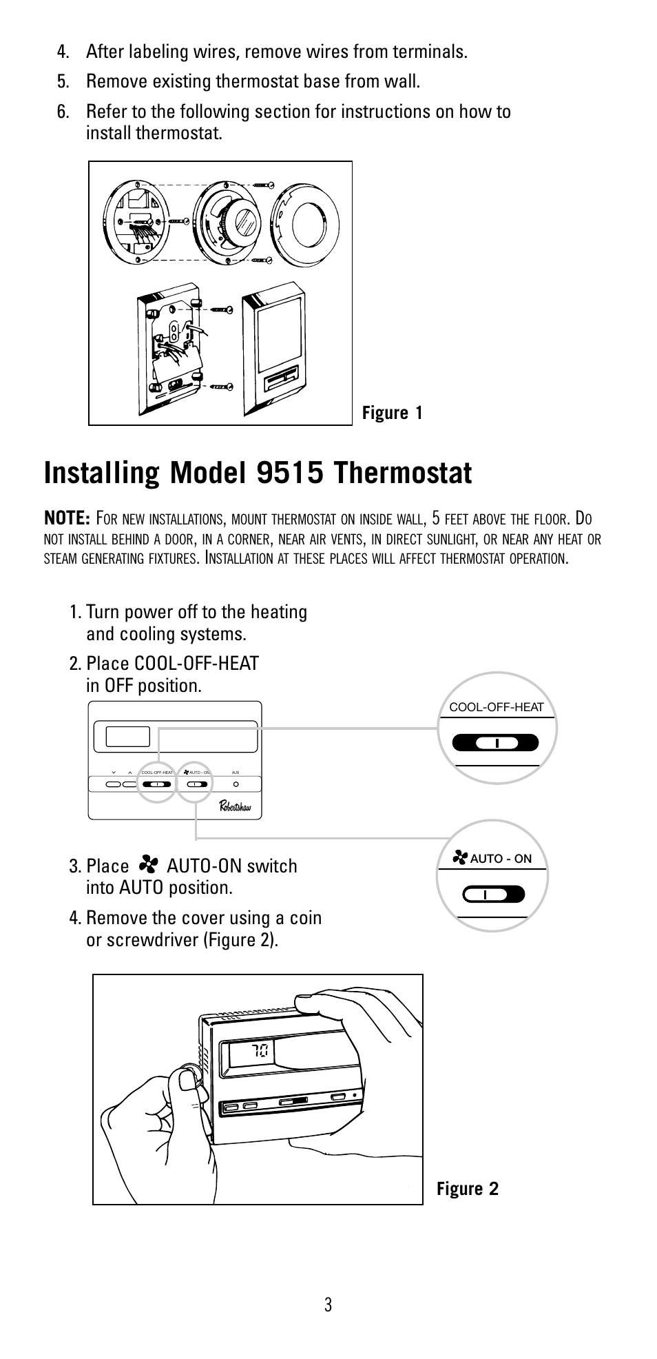 Installing model 9515 thermostat | Robertshaw 9515 User Manual | Page 3 / 11