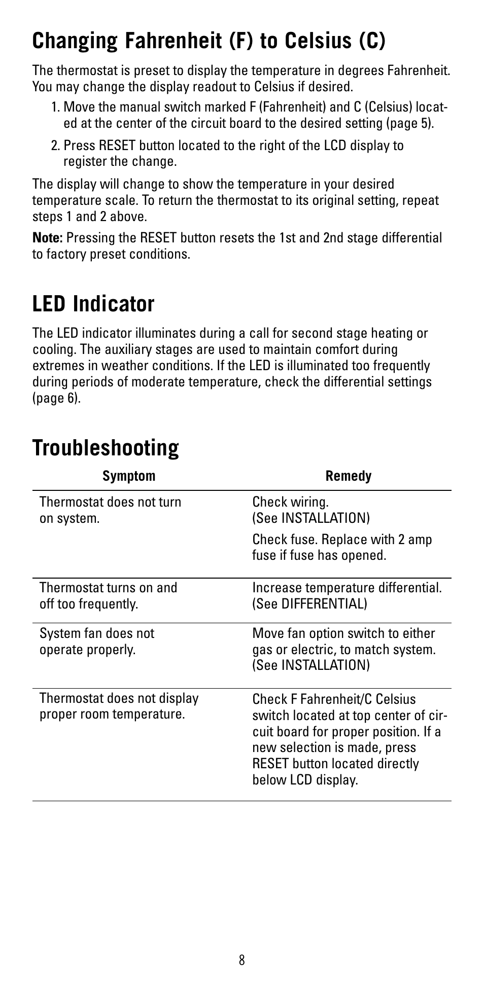 Changing fahrenheit (f) to celsius (c), Led indicator, Troubleshooting | Robertshaw 9515 User Manual | Page 8 / 11