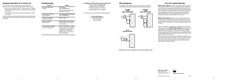 Rw g, Changing fahrenheit (f) to celsius (c), Troubleshooting | Wiring diagrams, Five year limited warranty | Robertshaw 9505 User Manual | Page 11 / 11