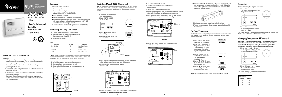 User’s manual, Features, Replacing existing thermostat | Installing model 9505 thermostat, Operation, Changing temperature differential, 1 heat, Quick start installation and programming, Important safety information, 735b | Robertshaw 9505 User Manual | Page 6 / 11