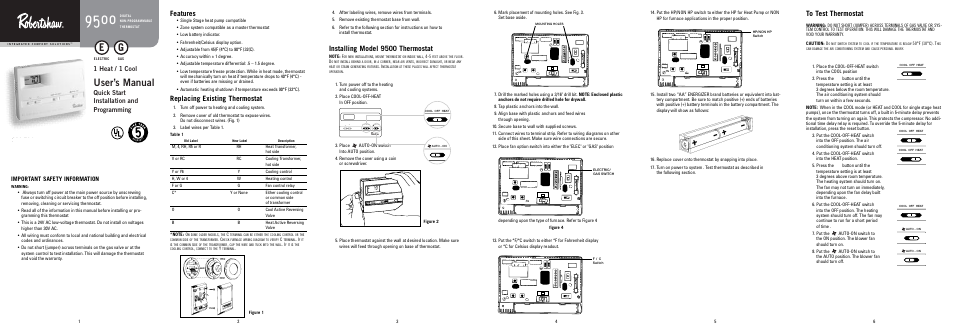 User’s manual, Features, Replacing existing thermostat | Installing model 9500 thermostat, 1 heat / 1 cool, Quick start installation and programming, Important safety information | Robertshaw 9500 User Manual | Page 5 / 11