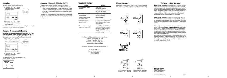 Operation, Changing temperature differential, Troubleshooting | Wiring diagrams, Five year limited warranty, Changing fahrenheit (f) to celsius (c), Maple chase company | Robertshaw 9500 User Manual | Page 7 / 11