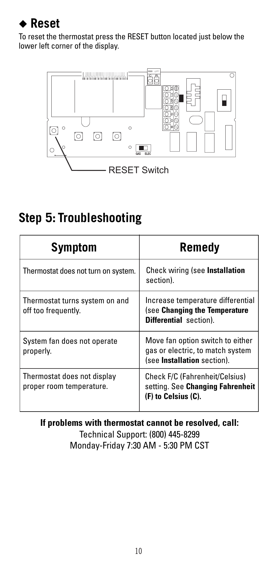 Reset, Step 5: troubleshooting, Symptom remedy | Robertshaw 9415 User Manual | Page 10 / 12