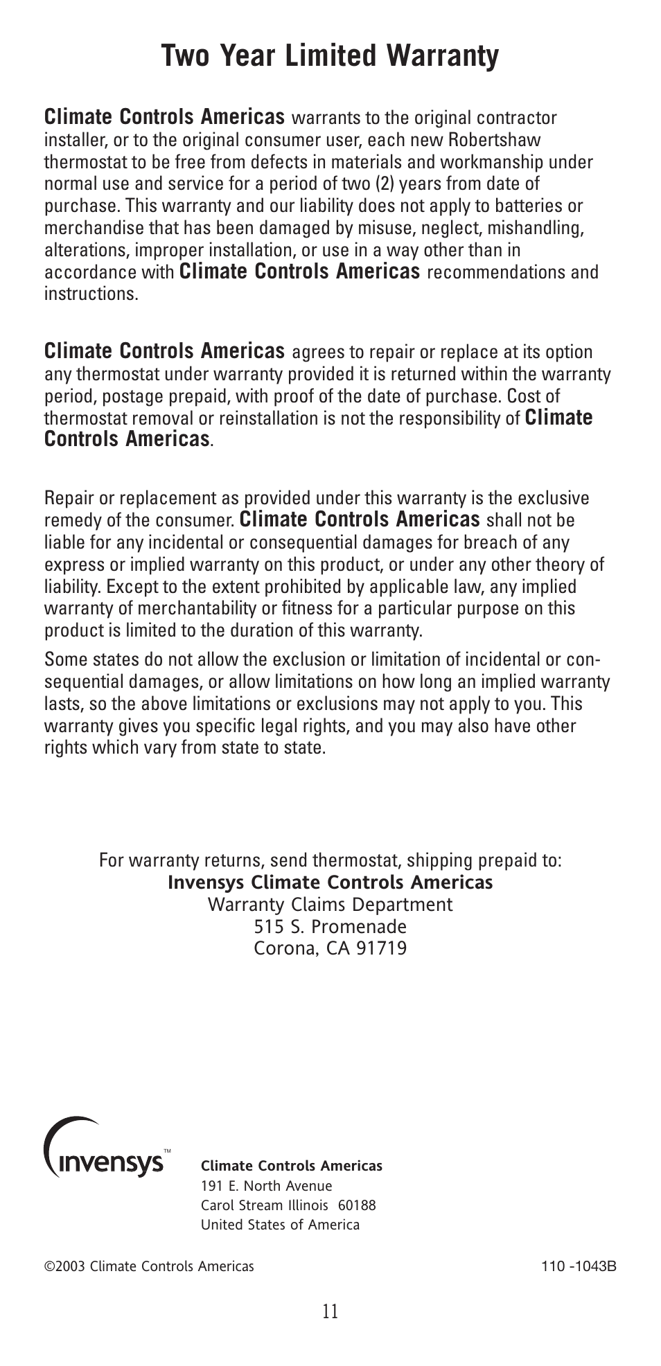 Two year limited warranty | Robertshaw 9415 User Manual | Page 11 / 12