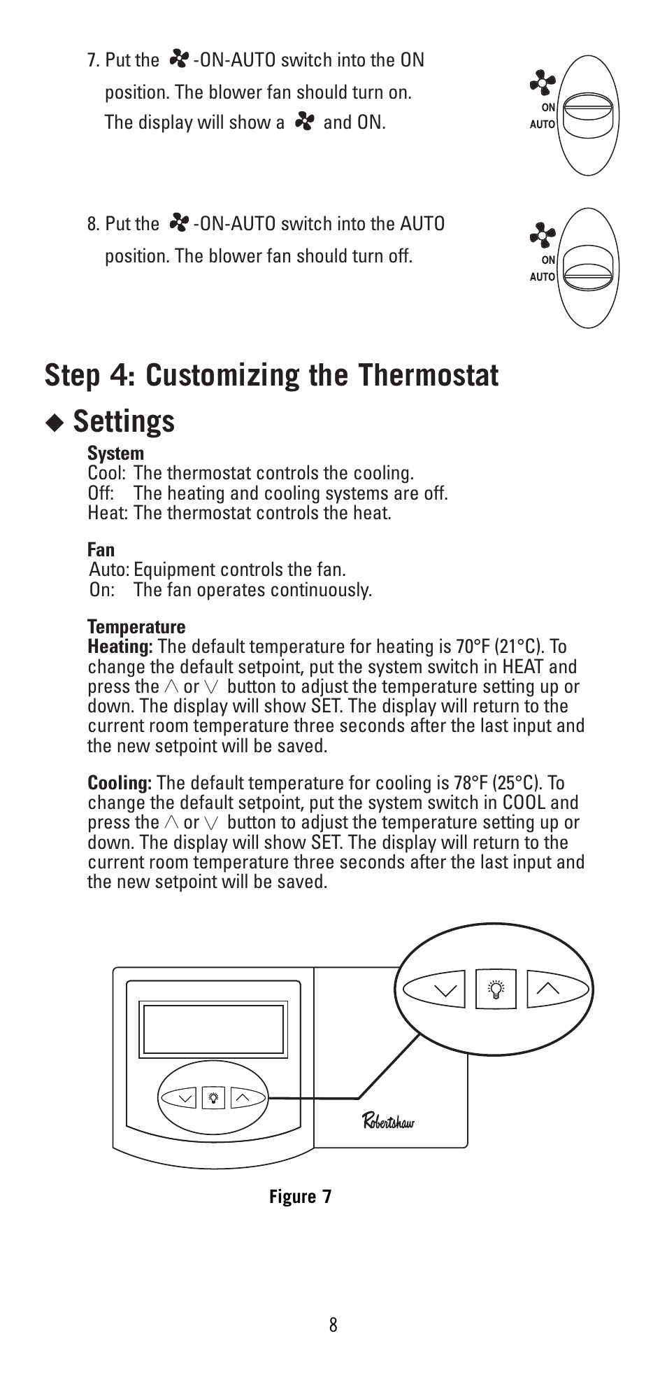 Step 4: customizing the thermostat, Settings | Robertshaw 9415 User Manual | Page 8 / 12