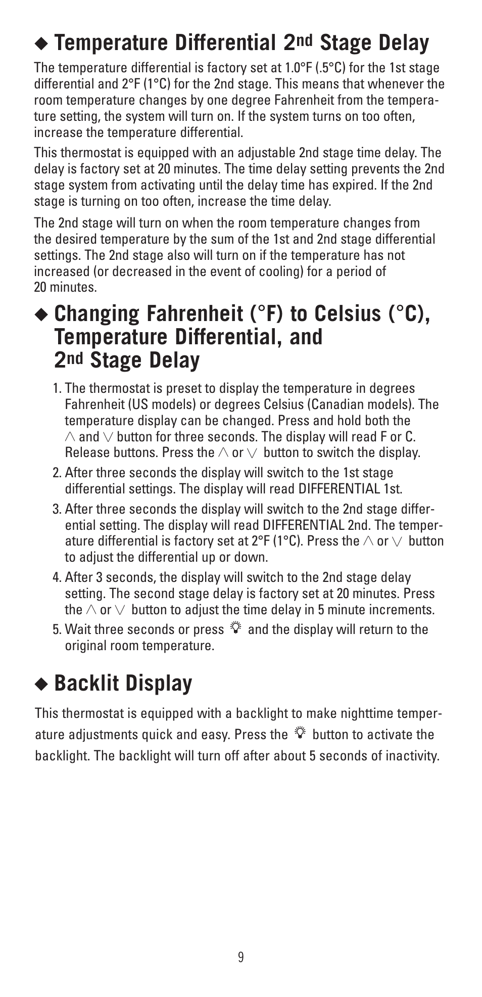 Temperature differential 2, Stage delay, Backlit display | Robertshaw 9415 User Manual | Page 9 / 12