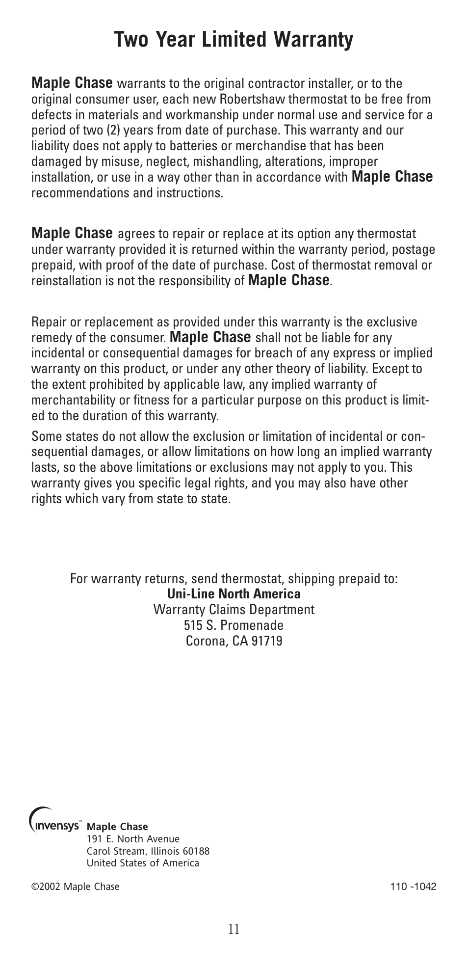 Two year limited warranty | Robertshaw 9405 User Manual | Page 11 / 12