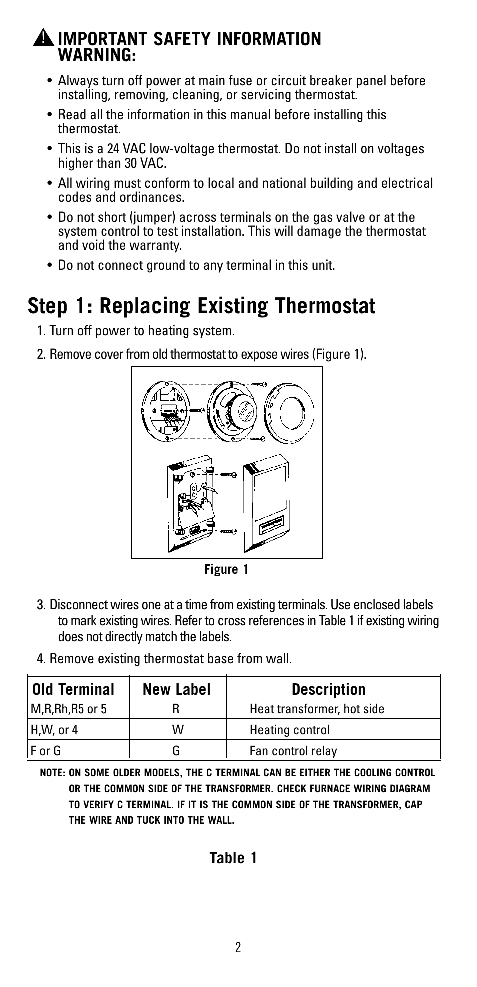 Step 1: replacing existing thermostat, Important safety information warning | Robertshaw 9405 User Manual | Page 2 / 12