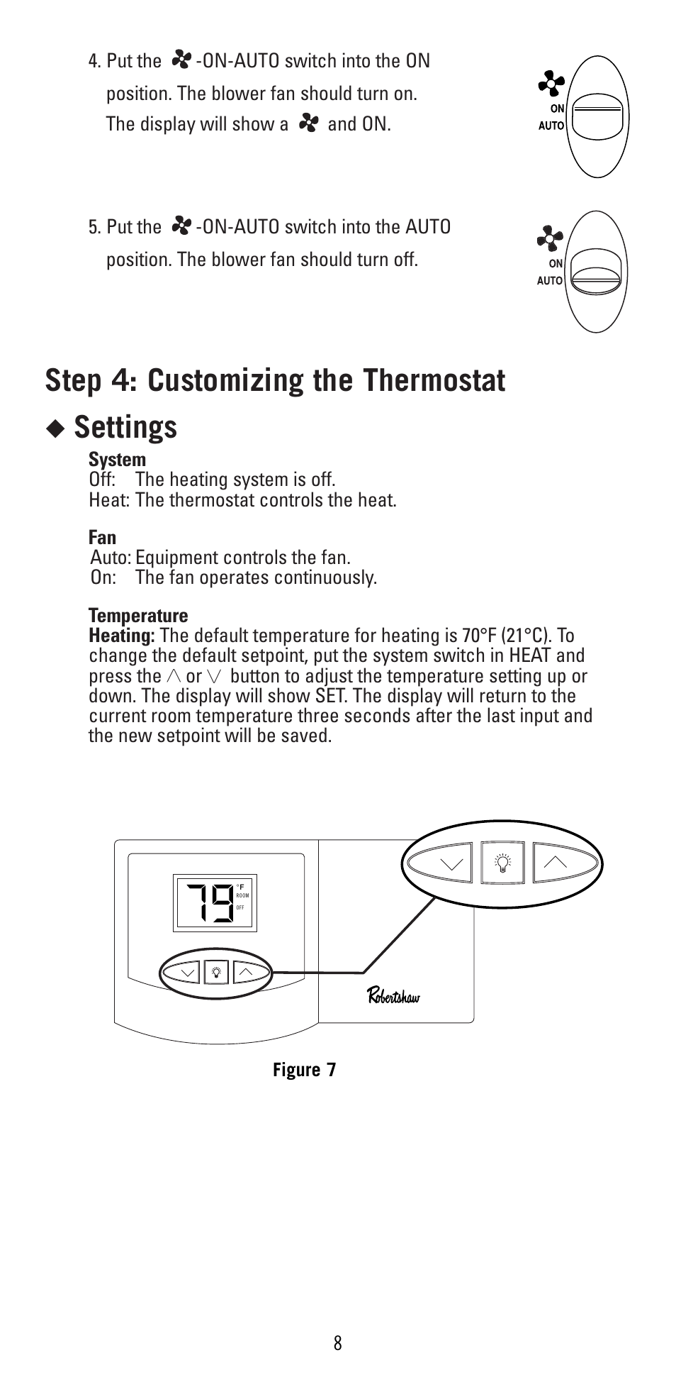 Step 4: customizing the thermostat, Settings | Robertshaw 9405 User Manual | Page 8 / 12