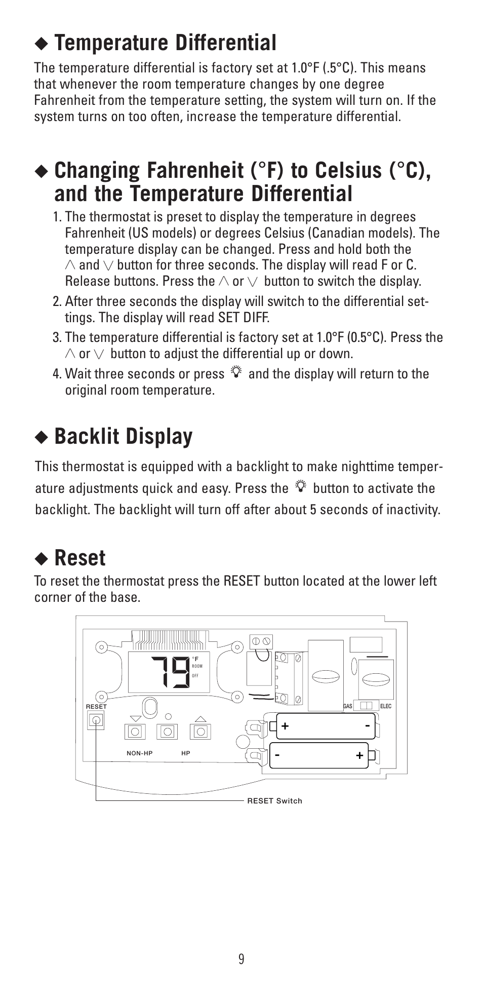 Temperature differential, Backlit display, Reset | Robertshaw 9405 User Manual | Page 9 / 12