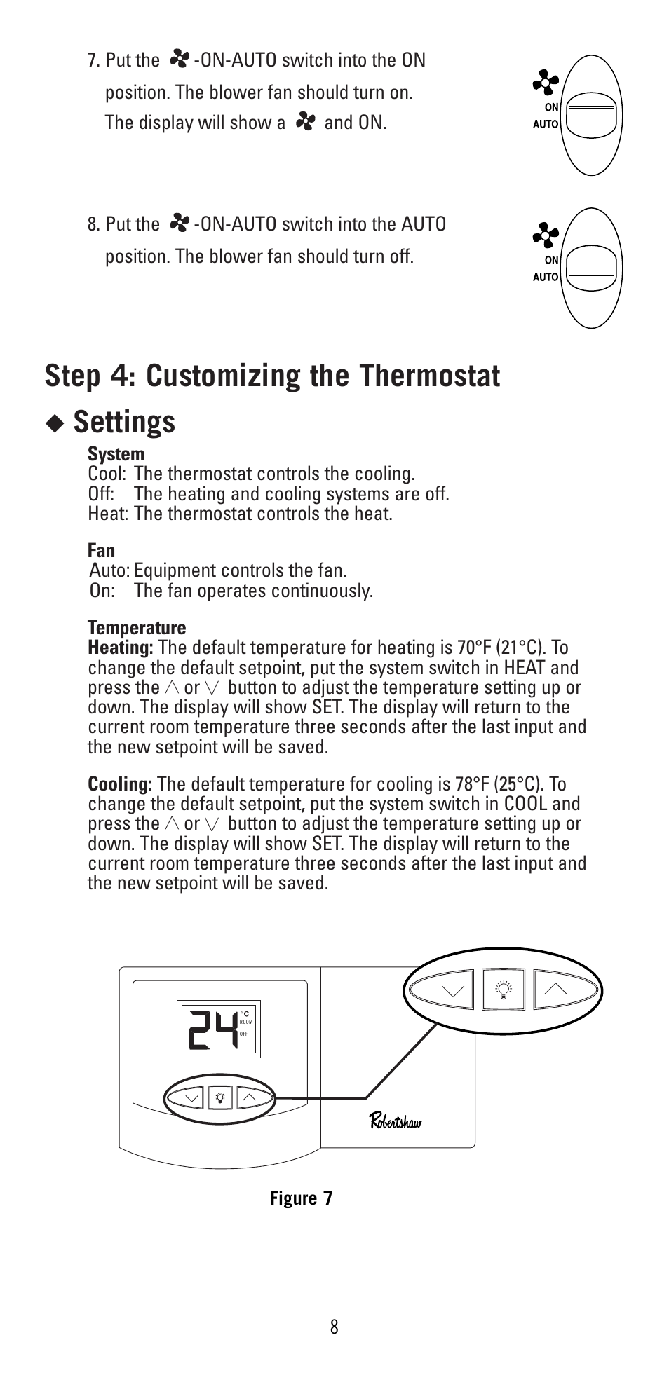 Step 4: customizing the thermostat, Settings | Robertshaw 9401 User Manual | Page 8 / 12