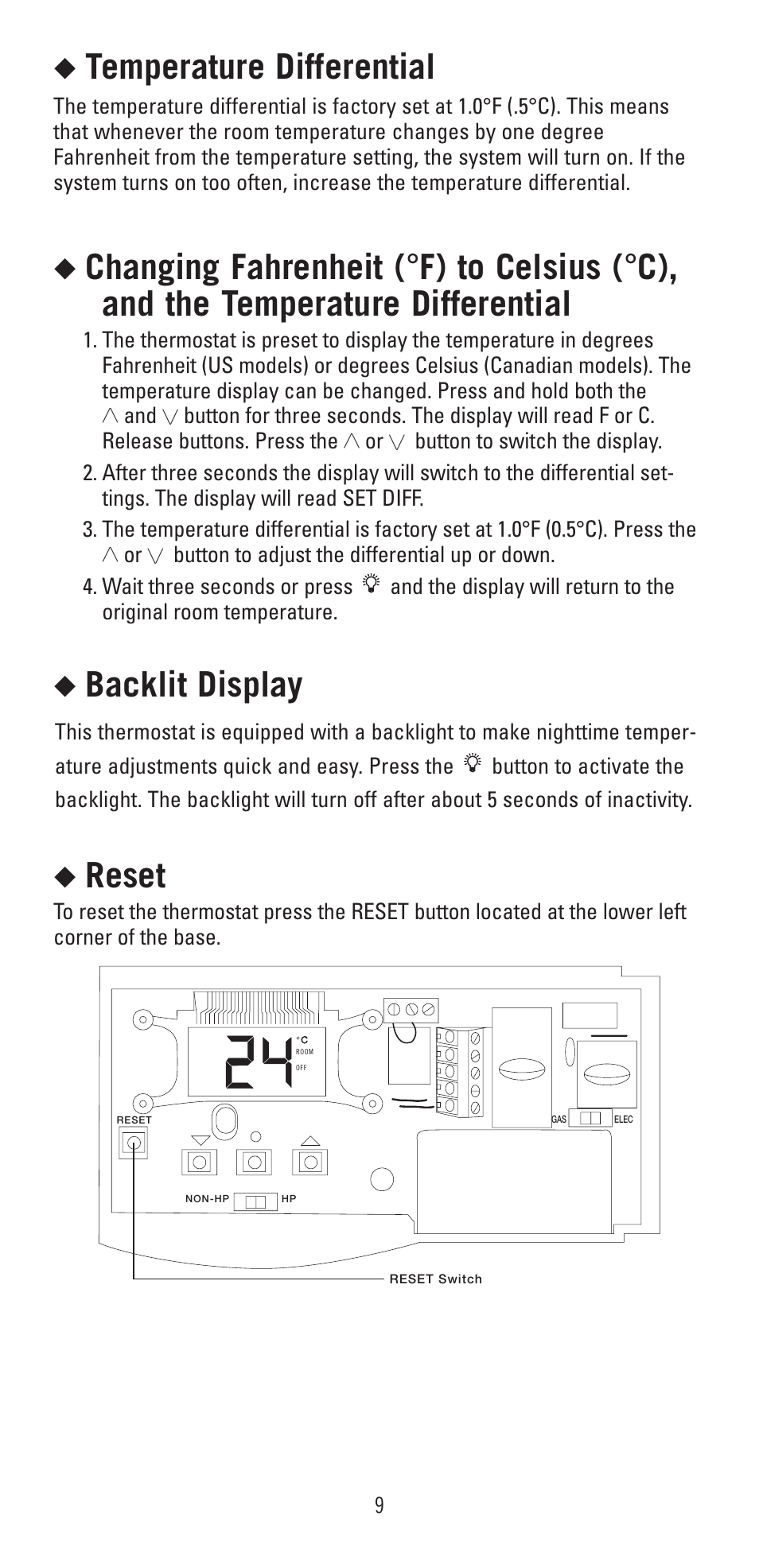 Temperature differential, Backlit display, Reset | Robertshaw 9401 User Manual | Page 9 / 12