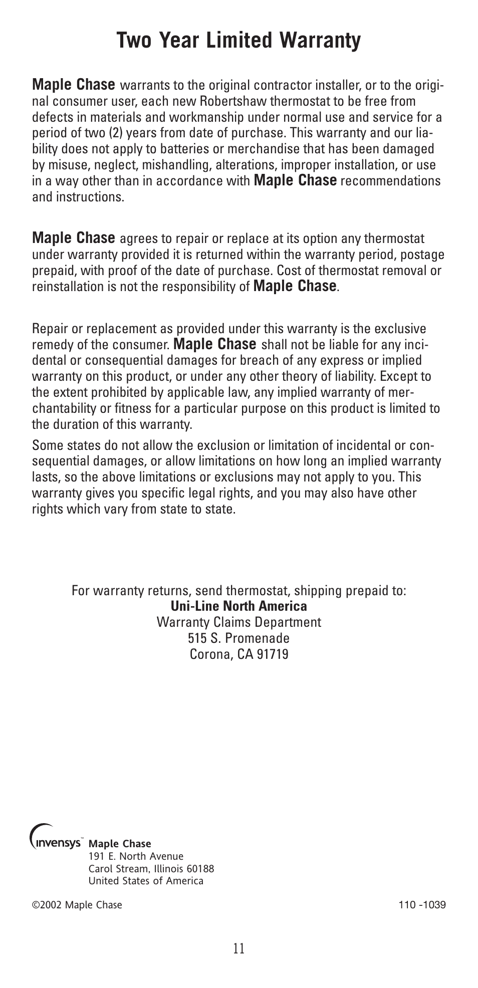 Two year limited warranty | Robertshaw 9400 User Manual | Page 11 / 11