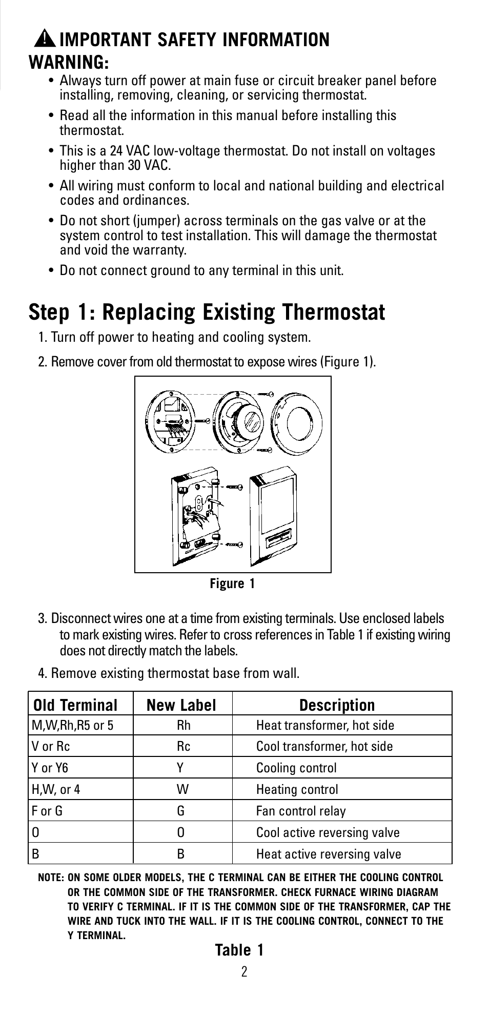 Step 1: replacing existing thermostat, Important safety information warning | Robertshaw 9400 User Manual | Page 2 / 11