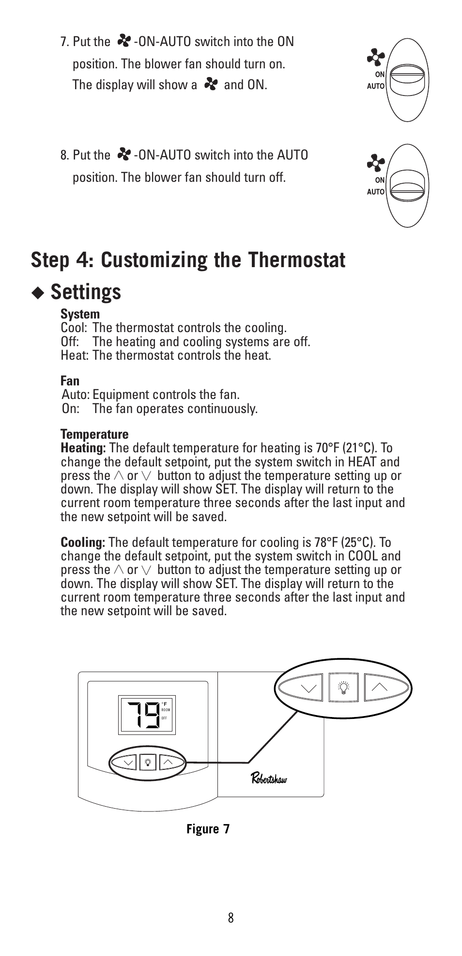 Step 4: customizing the thermostat, Settings | Robertshaw 9400 User Manual | Page 8 / 11