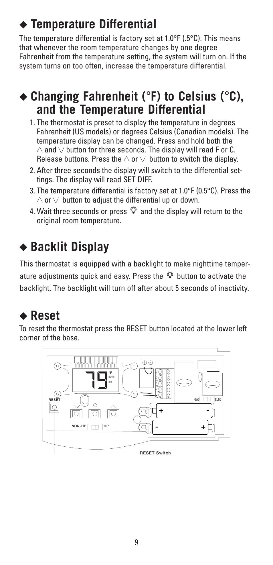 Temperature differential, Backlit display, Reset | Robertshaw 9400 User Manual | Page 9 / 11
