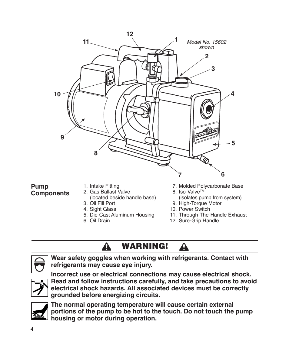Warning | Robinair Models 15402 User Manual | Page 4 / 12