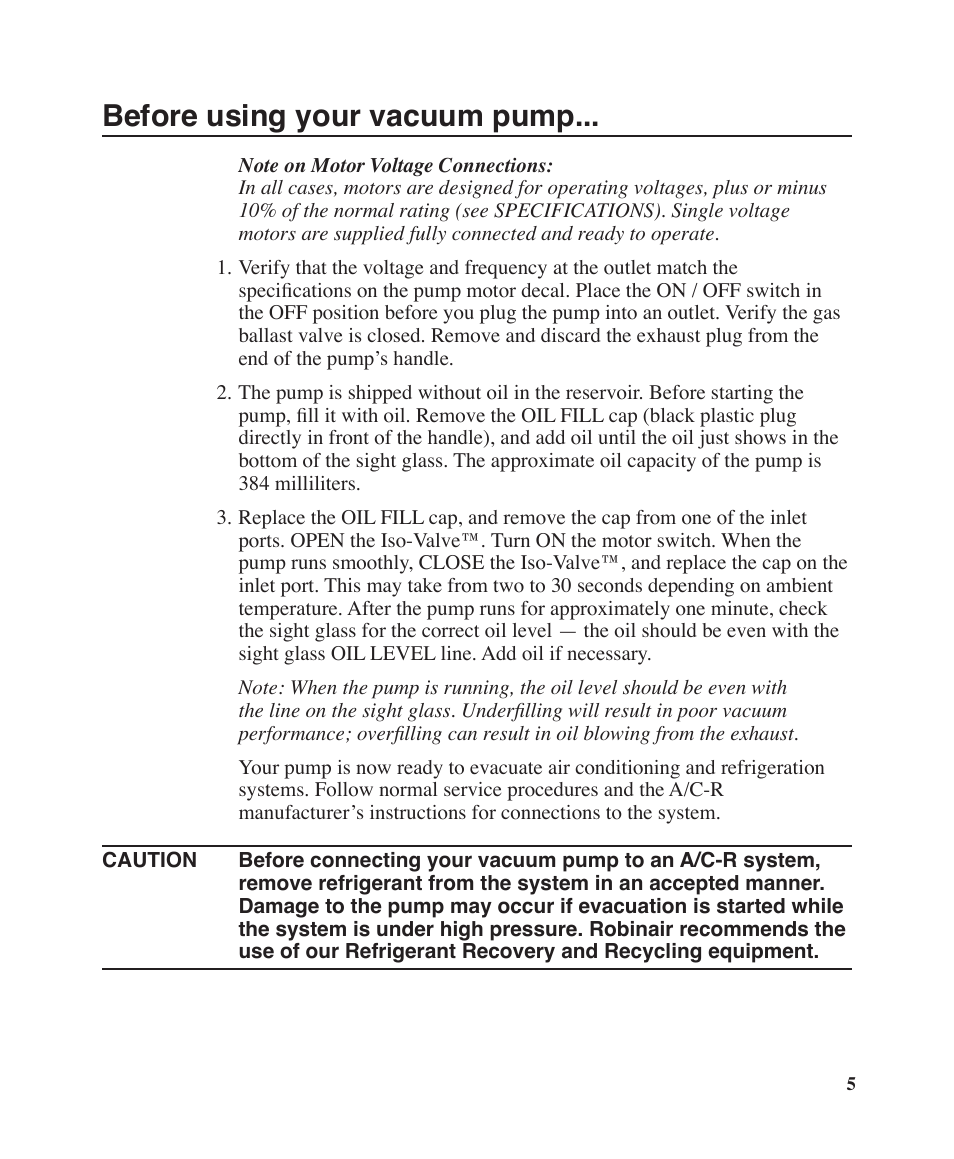 Before using your vacuum pump | Robinair Models 15402 User Manual | Page 5 / 12