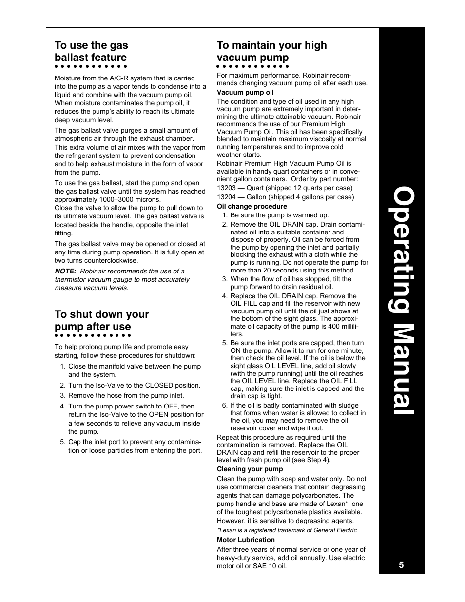 Operating manual, Ballast feature, Vacuum pump | Pump after use | Robinair Model 15448 User Manual | Page 5 / 8