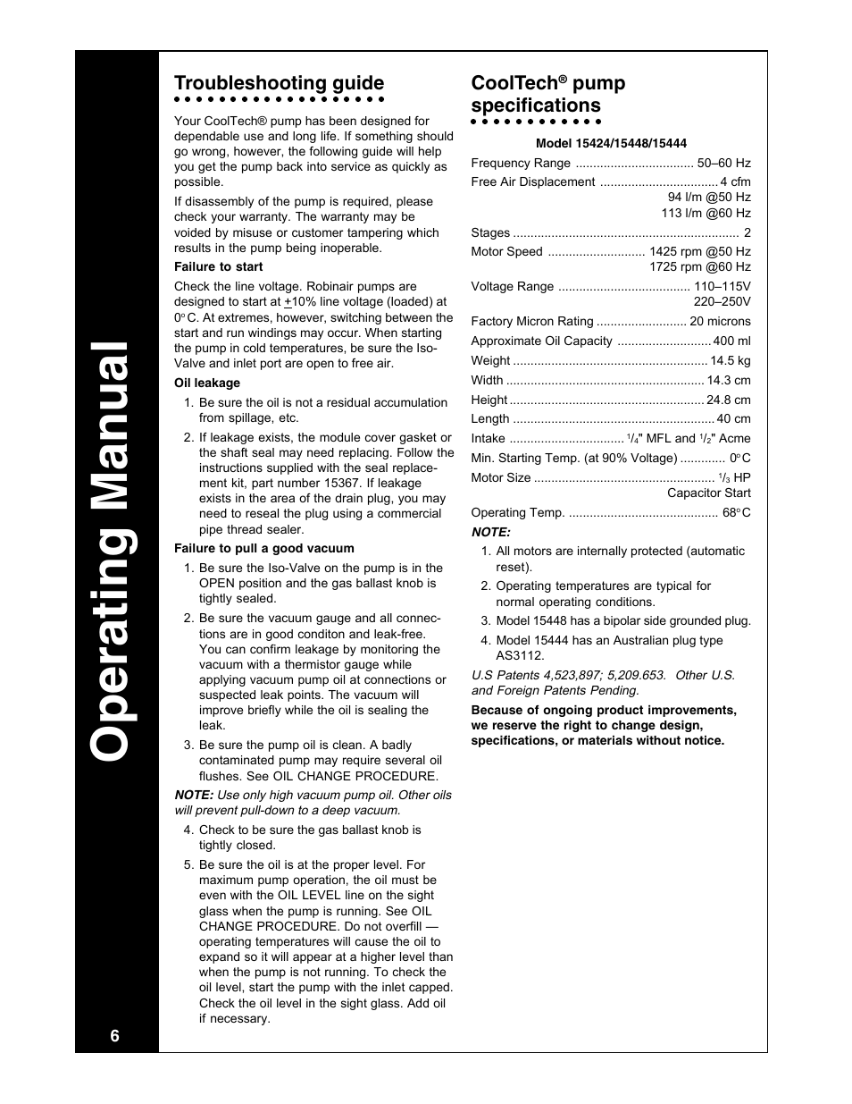 Operating manual, Troubleshooting guide, Cooltech | Pump, Specifications | Robinair Model 15448 User Manual | Page 6 / 8