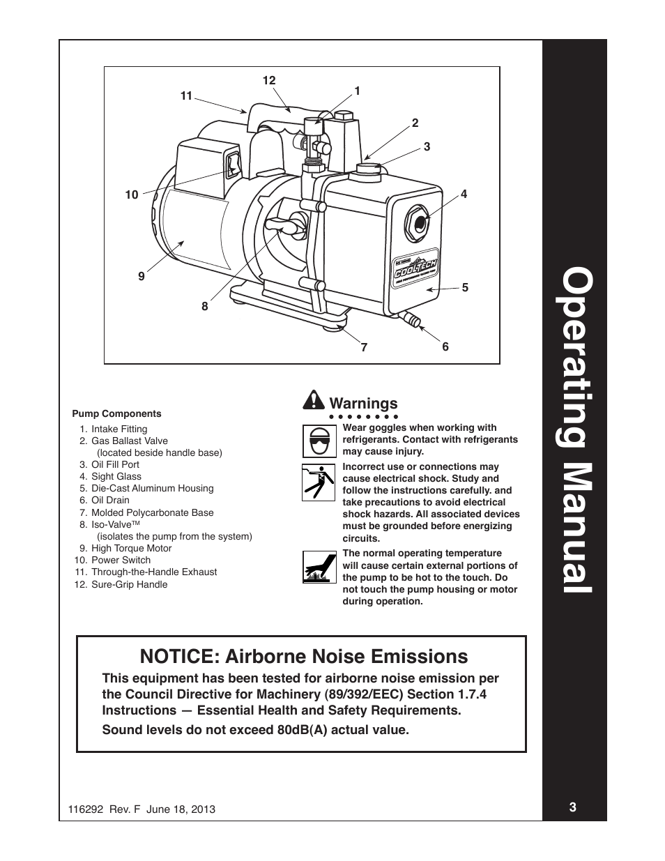 Operating manual, Notice: airborne noise emissions, Warnings | Robinair Model 15401 User Manual | Page 3 / 8