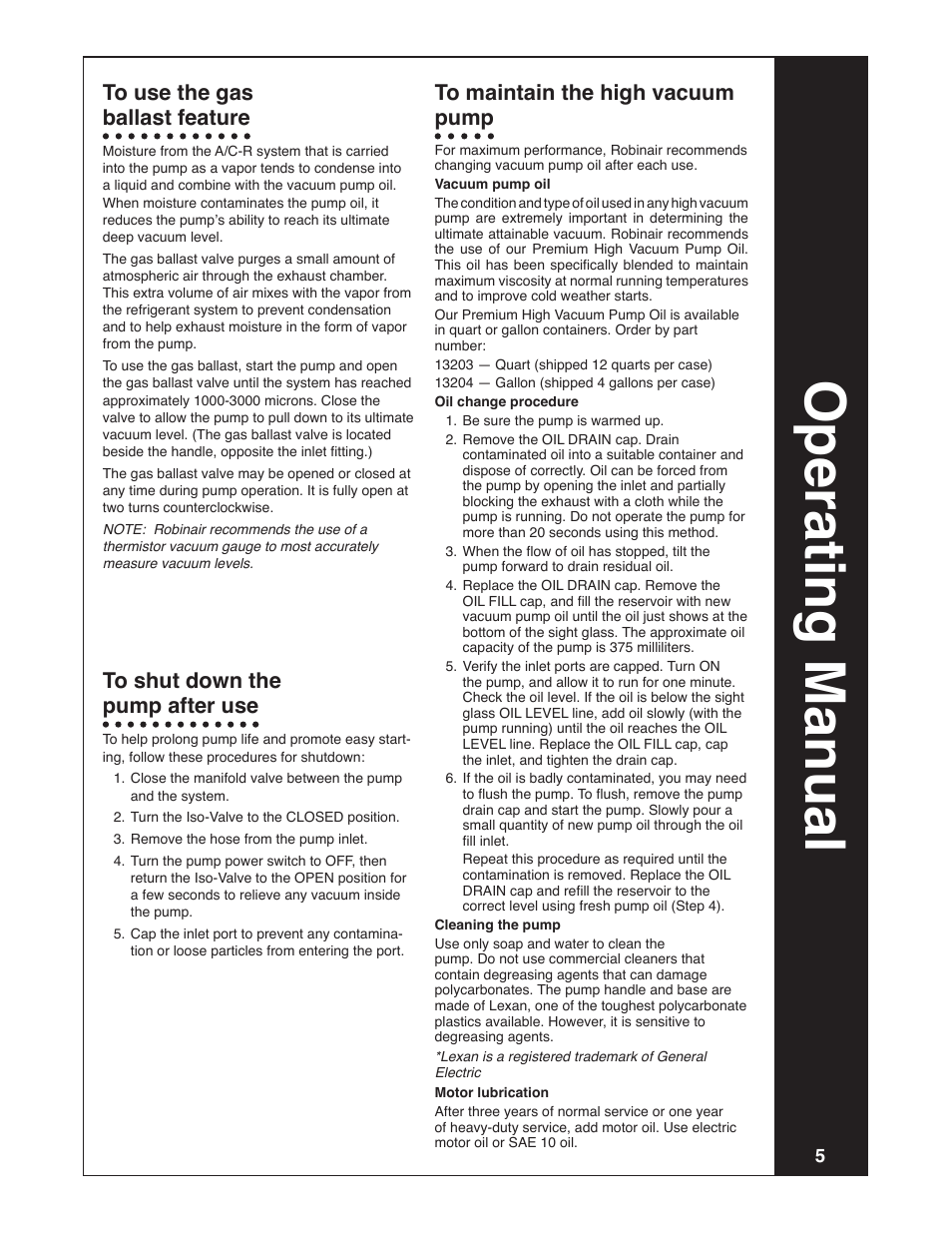 Operating manual | Robinair Model 15401 User Manual | Page 5 / 8