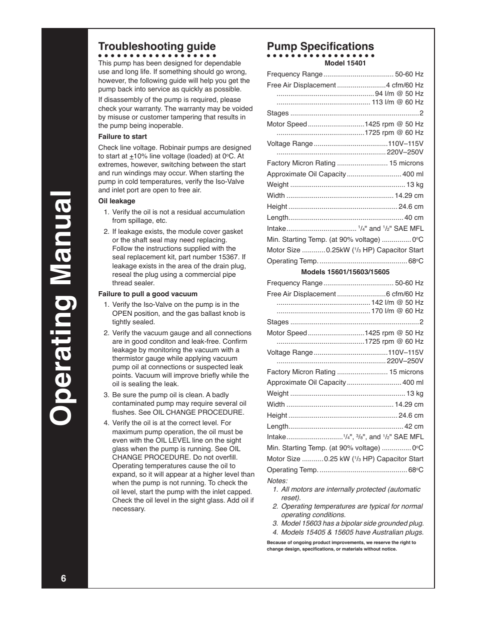 Operating manual, Troubleshooting guide, Pump specifications | Robinair Model 15401 User Manual | Page 6 / 8