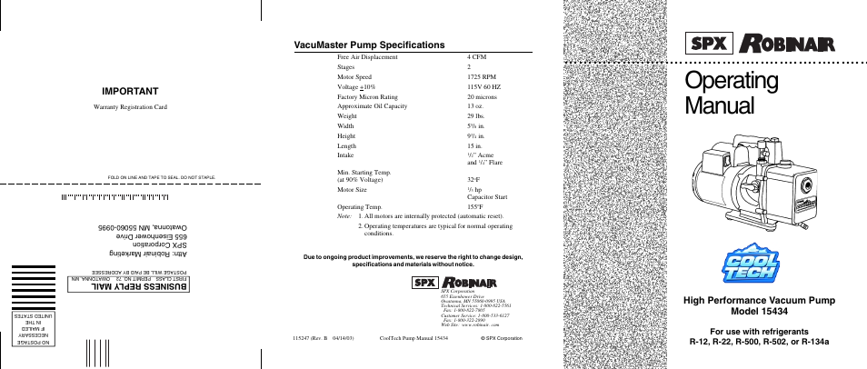 Operating manual, Vacumaster pump specifications, Important | Business repl y mail | Robinair 15434 User Manual | Page 14 / 14