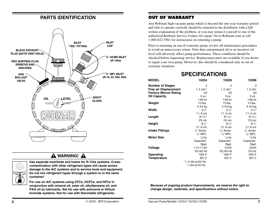 Specifications, Parts identification, Warning | Out of warranty | Robinair Models 15234 User Manual | Page 7 / 8