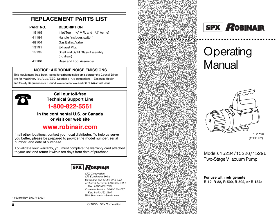 Operating manual, Replacement parts list | Robinair Models 15234 User Manual | Page 8 / 8