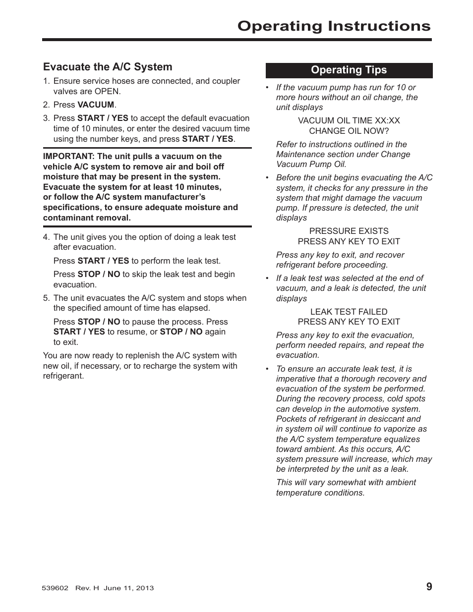 Operating instructions, Evacuate the a/c system, Operating tips | Robinair 34788-I Recovery, Recycling, Recharging Unit User Manual | Page 11 / 24