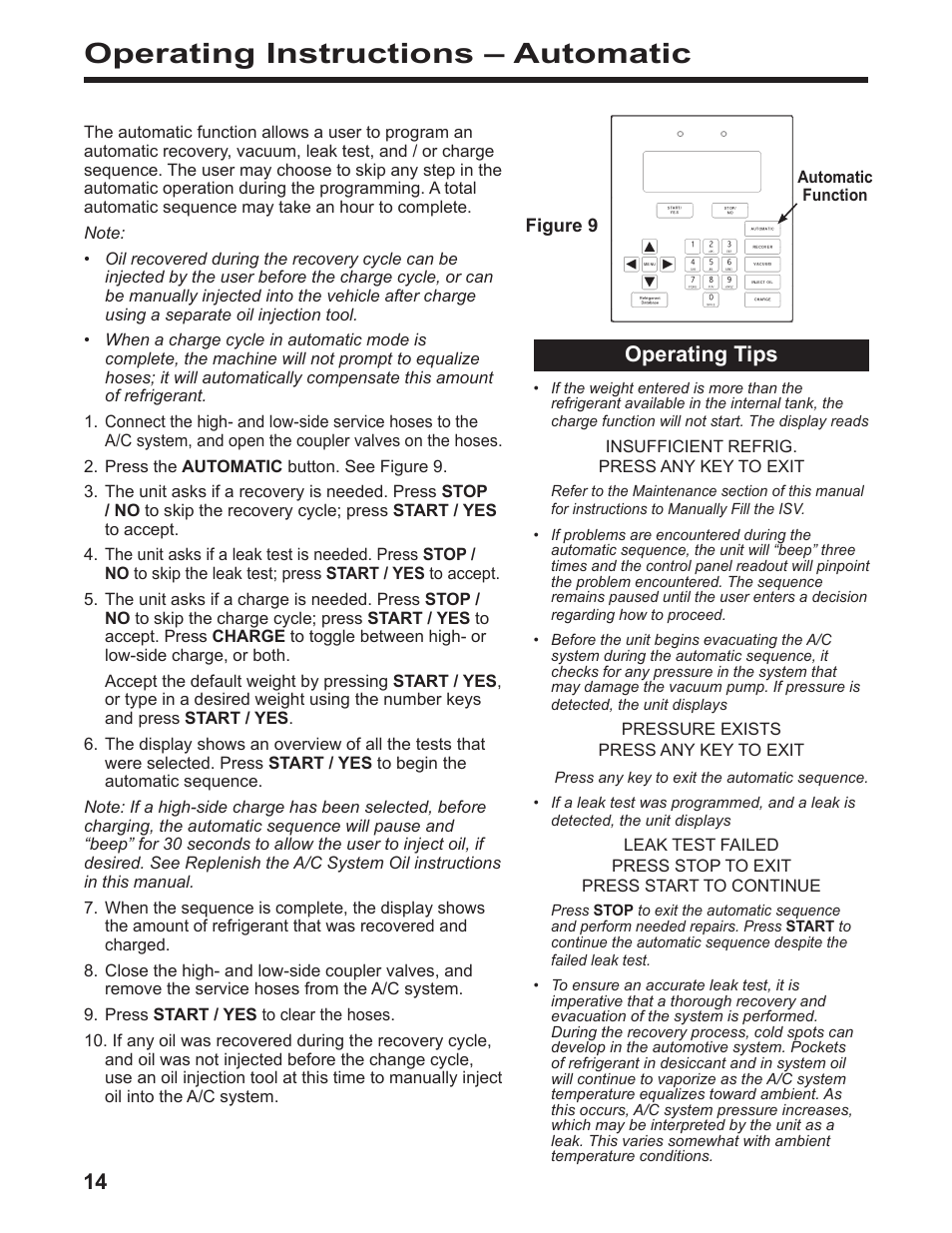 Operating instructions – automatic, Operating tips | Robinair 34788-I Recovery, Recycling, Recharging Unit User Manual | Page 16 / 24