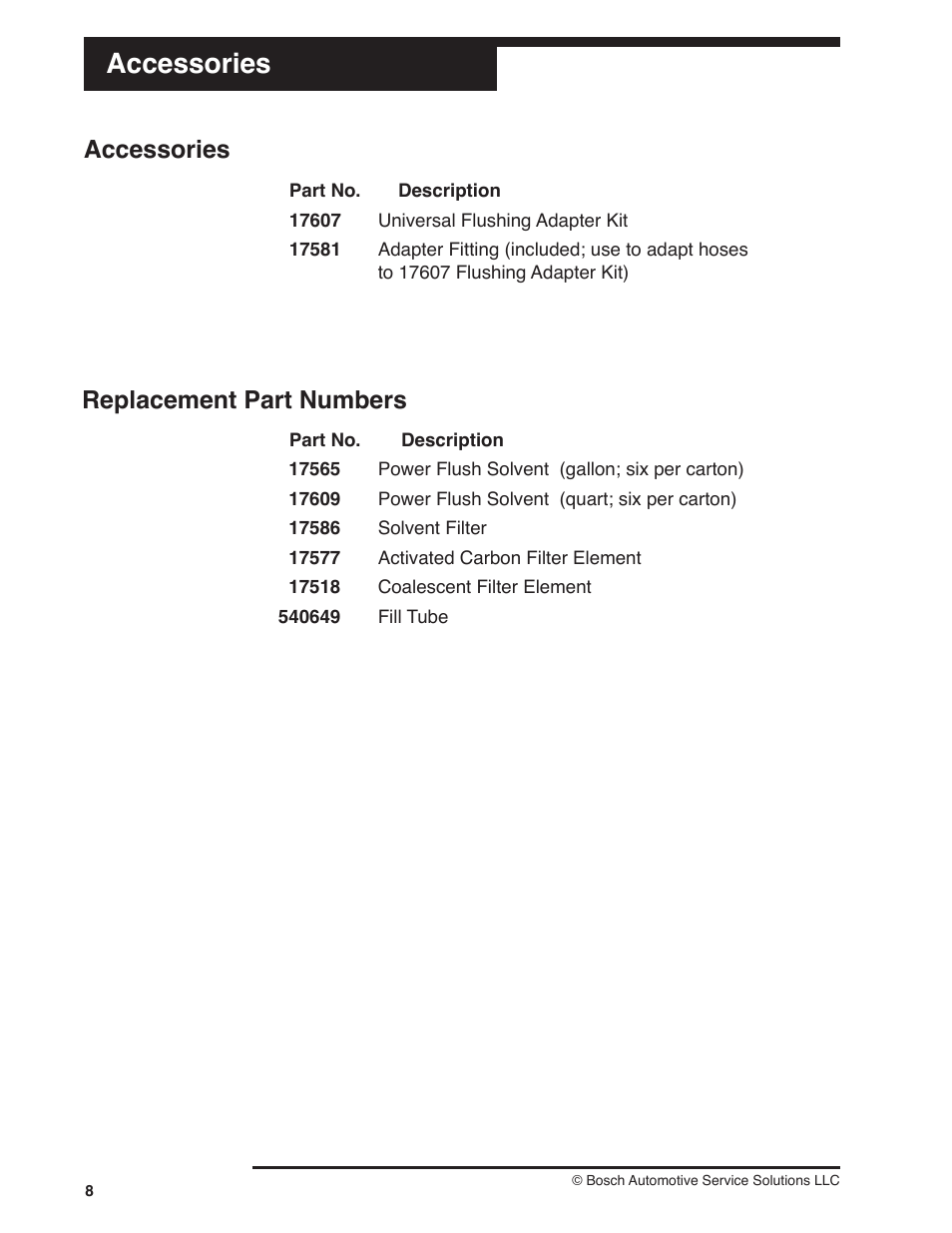 Accessories, Replacement part numbers accessories | Robinair 17580 Air Conditioning Component Flusher User Manual | Page 10 / 16