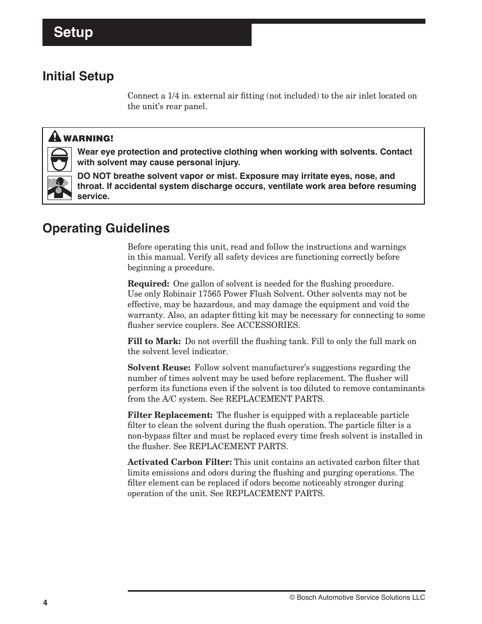 Setup, Initial setup operating guidelines | Robinair 17580 Air Conditioning Component Flusher User Manual | Page 6 / 16