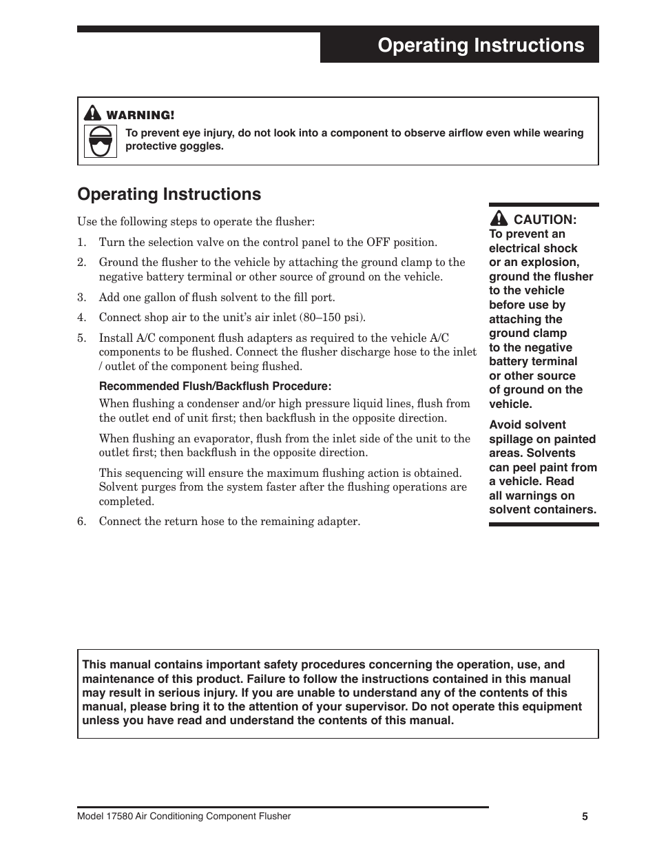 Operating instructions | Robinair 17580 Air Conditioning Component Flusher User Manual | Page 7 / 16