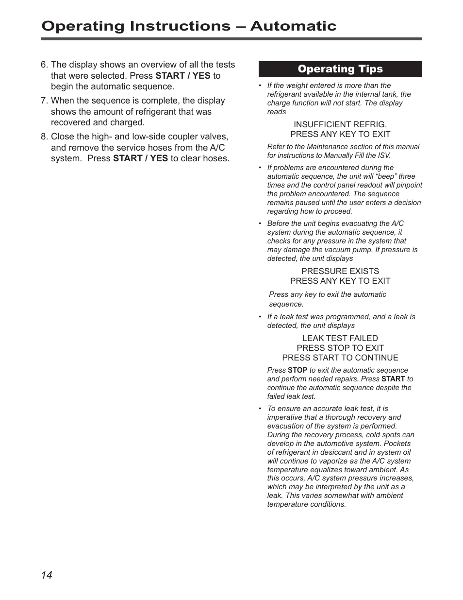 Operating instructions – automatic, Operating tips | Robinair 34788-H Recovery, Recycling, Recharging Unit User Manual | Page 16 / 28