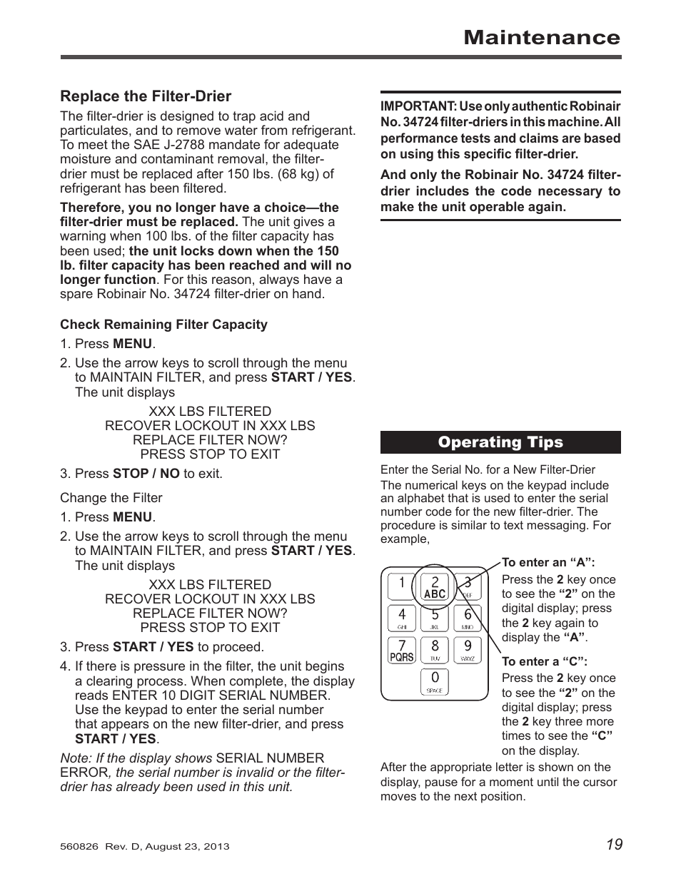 Maintenance | Robinair 34788-H Recovery, Recycling, Recharging Unit User Manual | Page 21 / 28