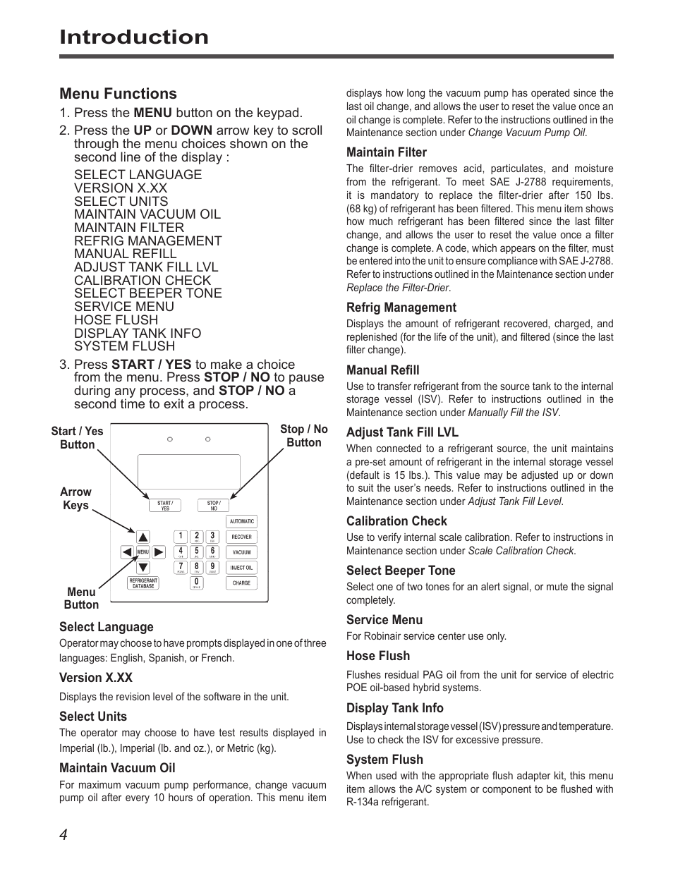 Introduction, 4menu functions | Robinair 34788-H Recovery, Recycling, Recharging Unit User Manual | Page 6 / 28