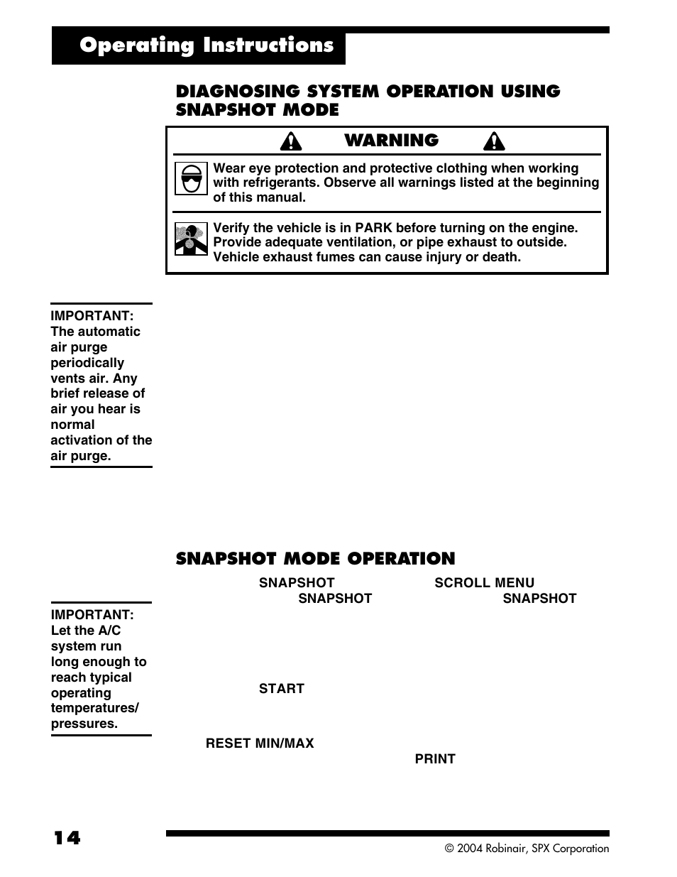 Operating instructions, Snapshot mode operation | Robinair ACR2005 Air Conditioning and Refrigerant Service Solution User Manual | Page 16 / 32
