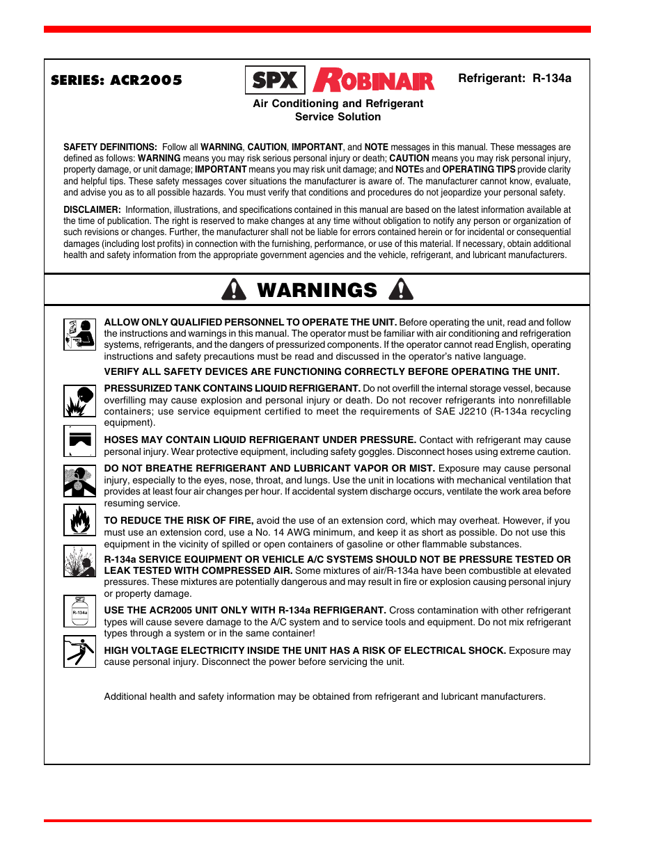 Warnings | Robinair ACR2005 Air Conditioning and Refrigerant Service Solution User Manual | Page 2 / 32