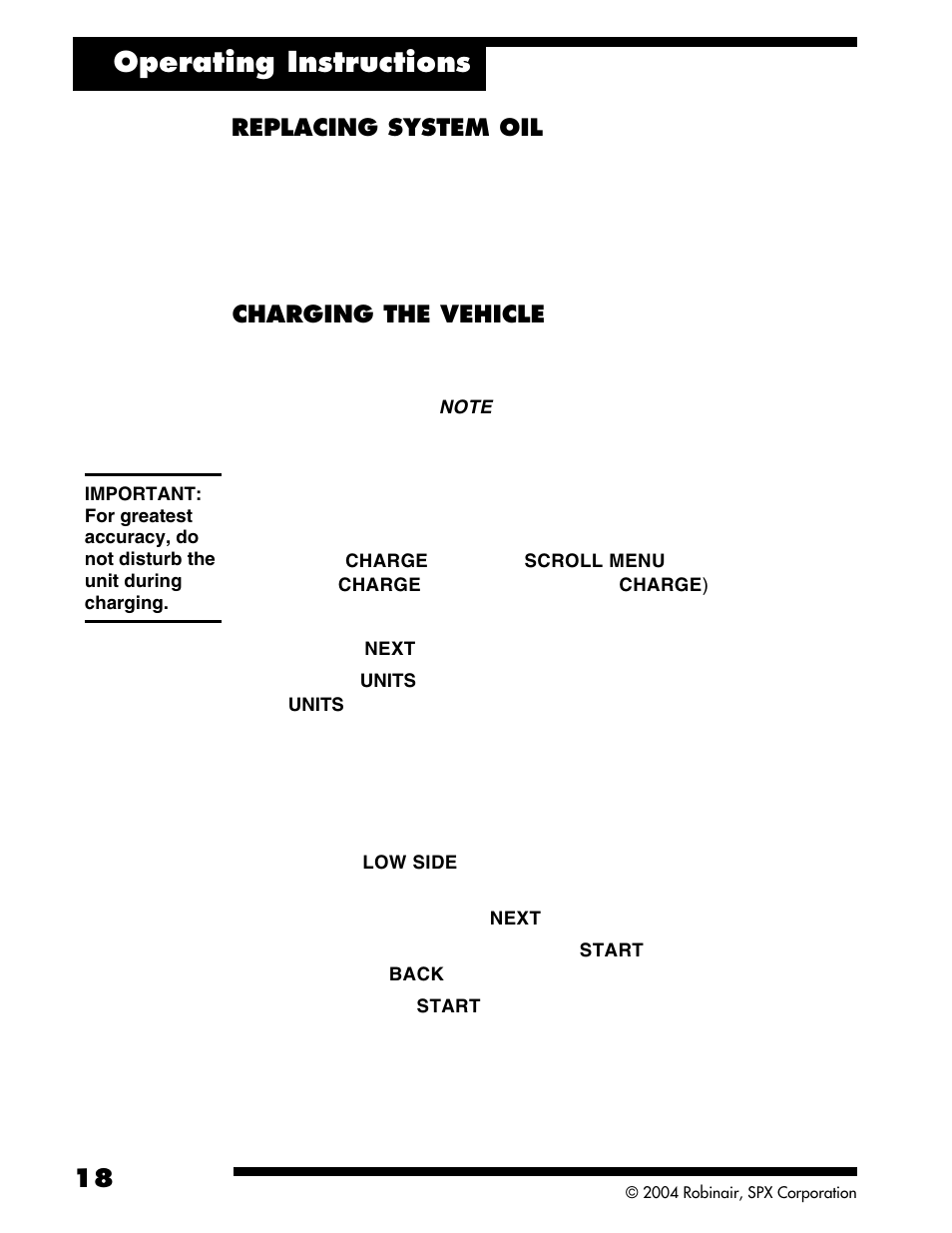 Operating instructions, Charging the vehicle, Replacing system oil | Robinair ACR2005 Air Conditioning and Refrigerant Service Solution User Manual | Page 20 / 32
