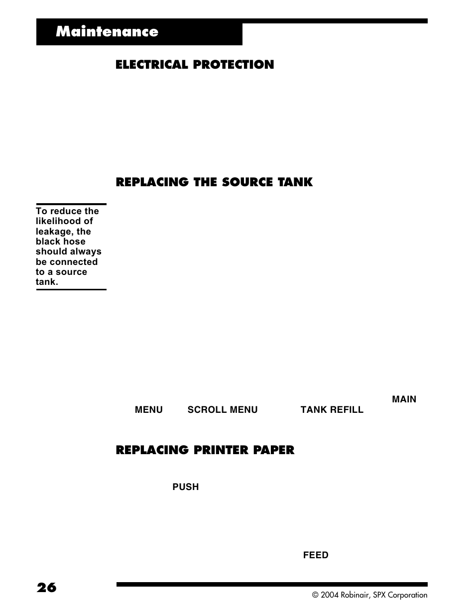 Maintenance, Replacing the source tank, Replacing printer paper | Electrical protection | Robinair ACR2005 Air Conditioning and Refrigerant Service Solution User Manual | Page 28 / 32